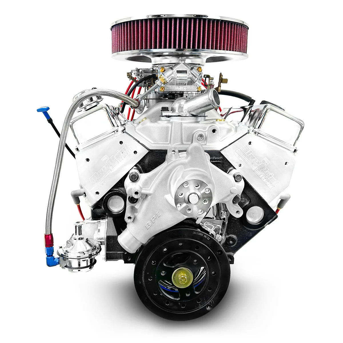 High-performance GM small block 383 engine with aluminum heads and carburetor.