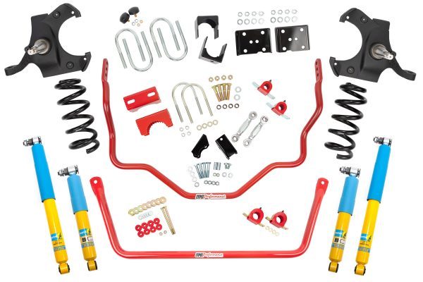 UMI Performance 6402-R Stage 2 Lowering Kit for 1973-87 Chevy C10 – 4.5" Front / 6" Rear Drop, Complete Coil Springs, Spindles, Sway Bars
