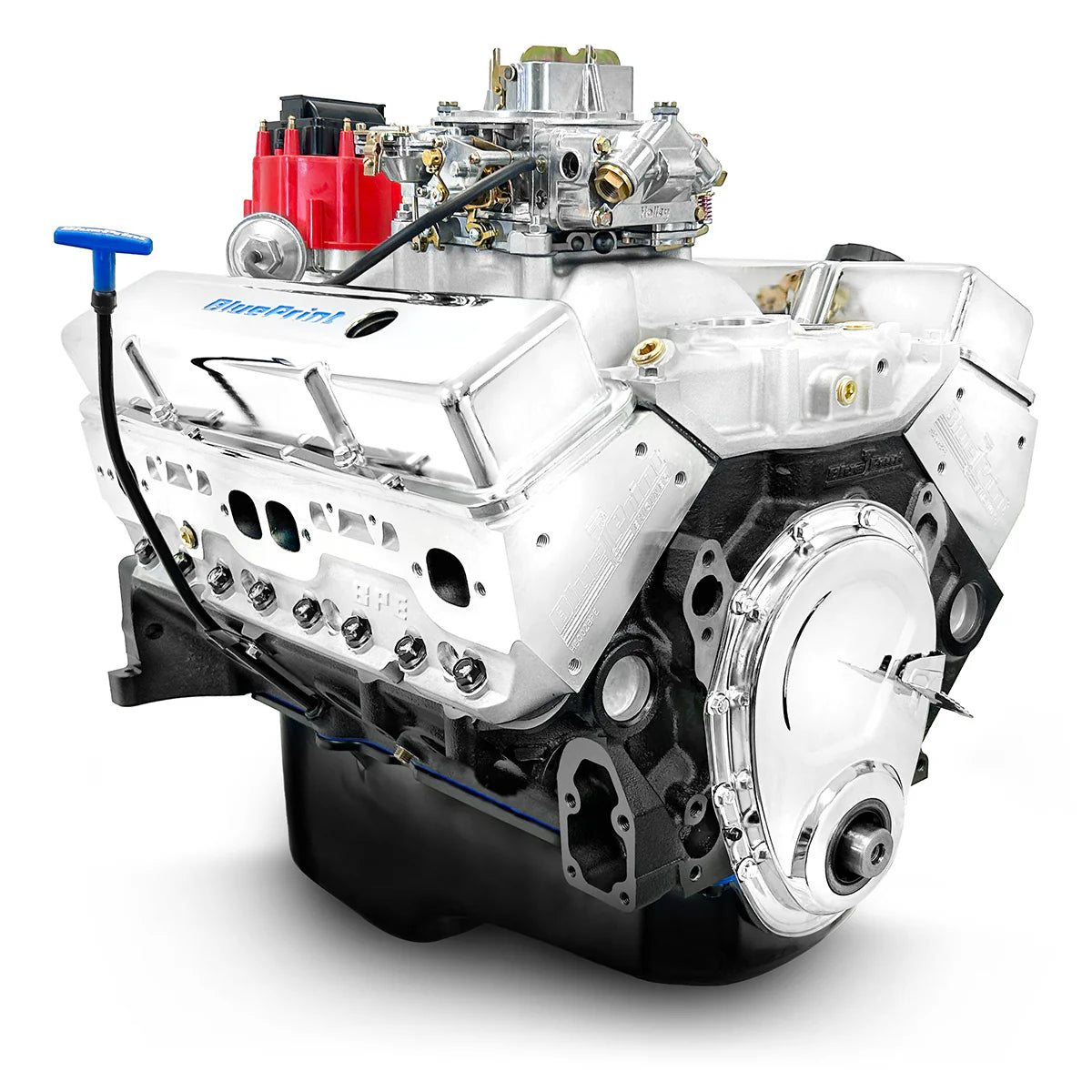 BluePrint 383 GM Small Block crate engine with chrome valve covers and satin intake manifold.