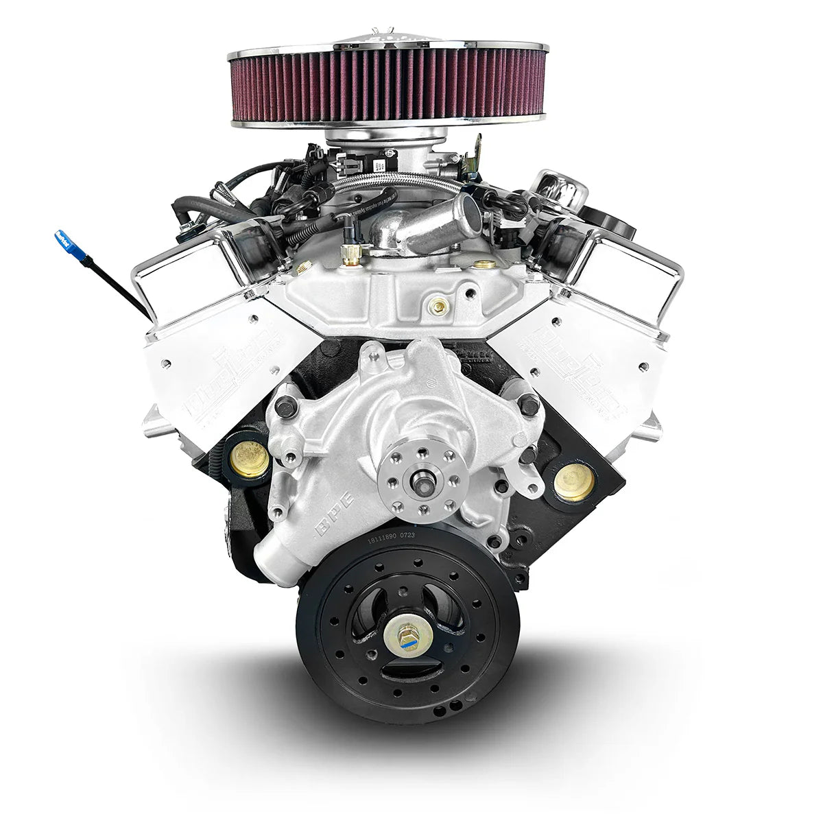 Small block Chevy 383 engine with EFI, polished chrome, and 436 HP.