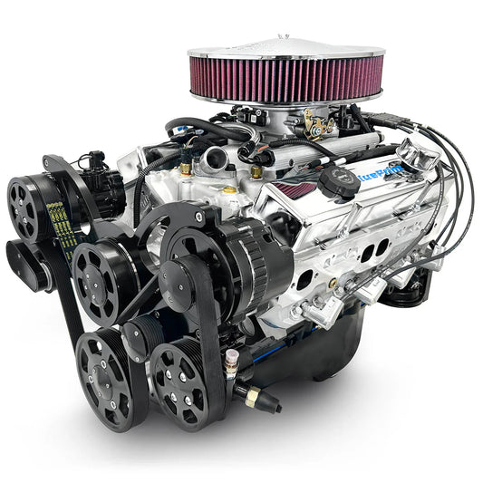 BluePrint GM 383 c.i. engine with EFI and black pulley kit for classic Chevy builds.