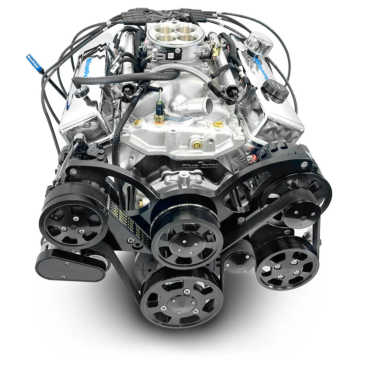 Sleek and powerful GM 383 small block with 436 HP and polished chrome details.