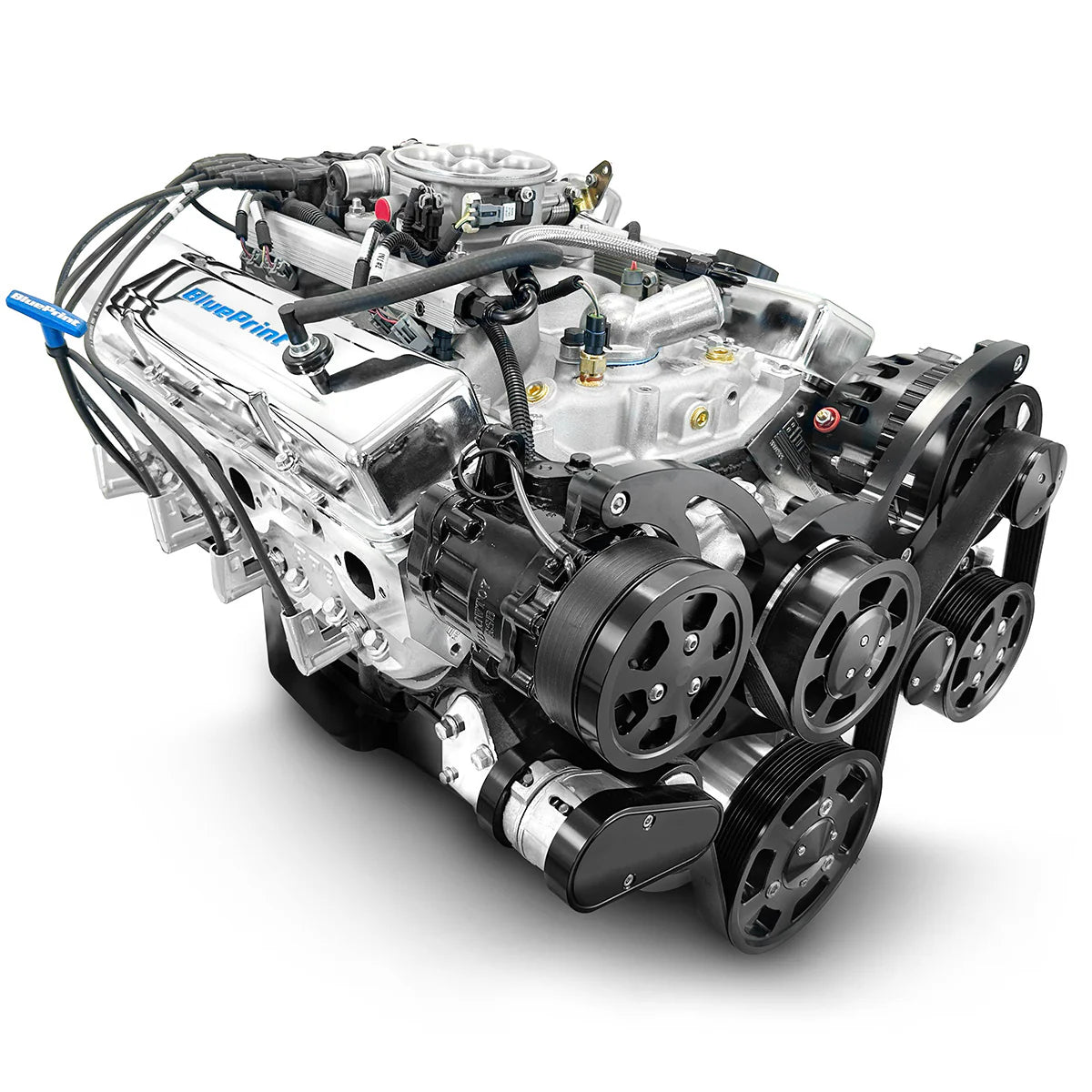 High-performance BluePrint GM 383 engine with EFI and deluxe black accessory drive kit.