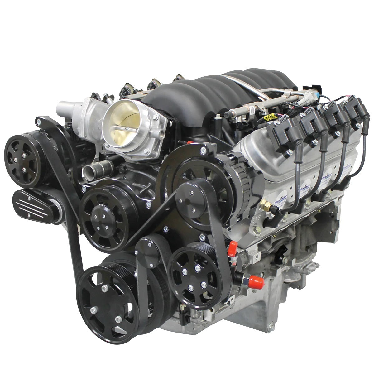 Fuel-injected LS3 engine with sleek black pulley kit for Camaro and C10 builds.